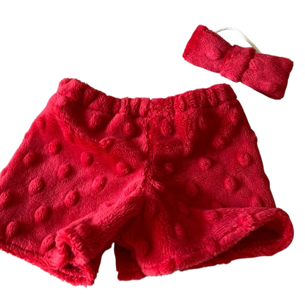 18” Doll Clothing Red Fur Plush Bubble Fabric Shorts and Matching Hair Bow